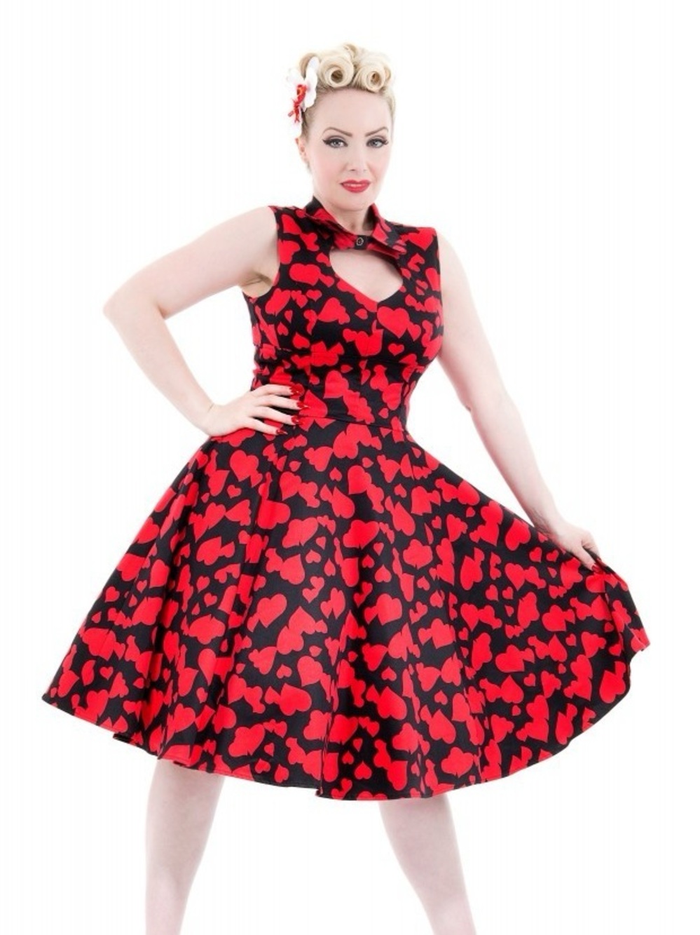 Hearts & Roses London black and red heart retro dress size US 14
